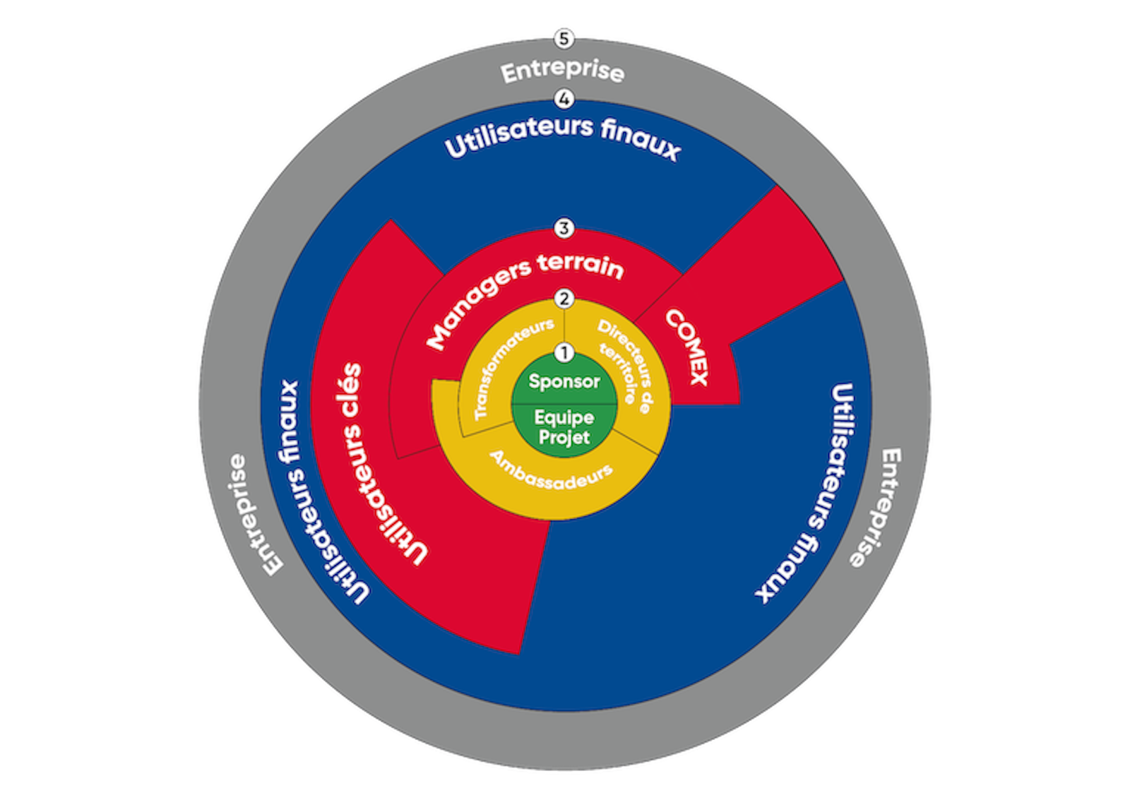 Le cercle des acteurs d'une transformation : sponsor et équipe projet au centre, puis ambassadeurs, managers terrain, COMEX, utilisateurs clés, utilisateurs finaux et l'entreprise